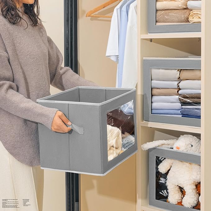 Storage Bins with Lids, 3 Pack Large Storage Cubes with Window, Closet Bins with Lids & Handles, Fabric Box for Organizing Clothes, Towels, Books, Grey