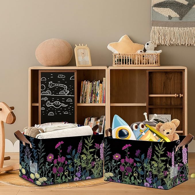 Vintage Wildflowers Storage Baskets,Garden Plants Herb Foldable Large Capacity Organizer Bins with Waterproof Lining and Leather Handles for Closet,Shelf,Bedroom 17x11.5x10Inch