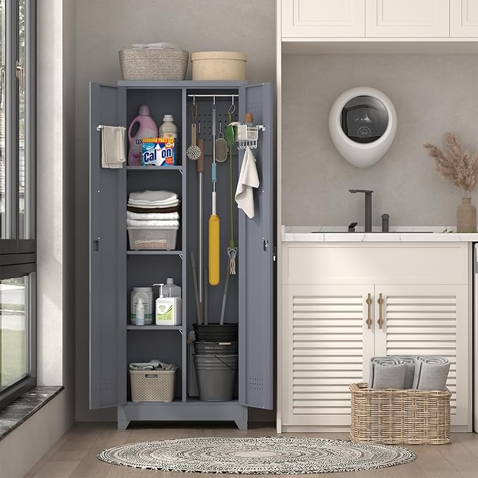 65" H Metal Garage Storage Cabinet,Broom Closet Storage Cabinet with Adjust Shelves,Utility Cabinet,Utility Closet for Garage,Gray-White