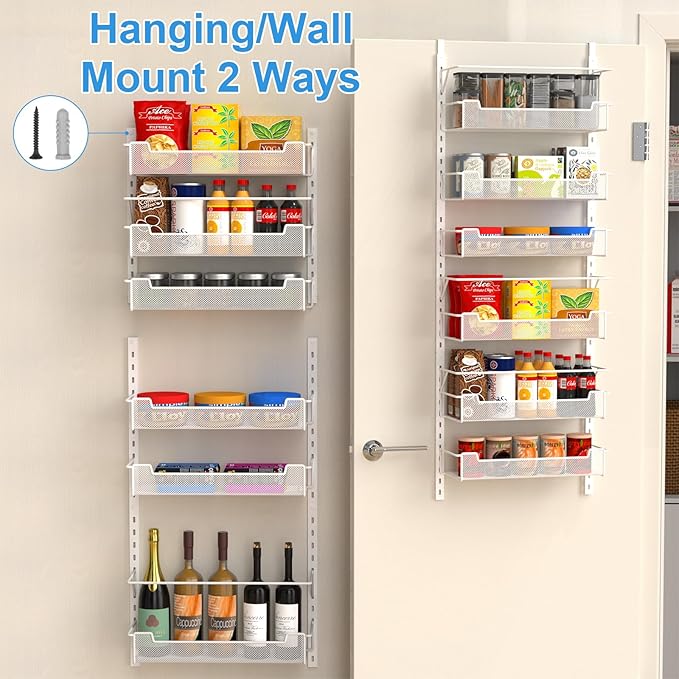 VyGrow Over the Door Pantry Organizer, 6-Tier Over the Door Organizer with Adjustable Basket, Pantry Door Organization for Pantry Kitchen Storage Room Spice Rack, White