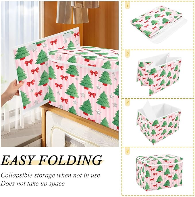 Christmas Tree Bows Stars Storage Bins with Lids Foldable Storage Basket with Handles Collapsible Large Fabric Organizer Containers for Clothes Shelves Closet Office Home