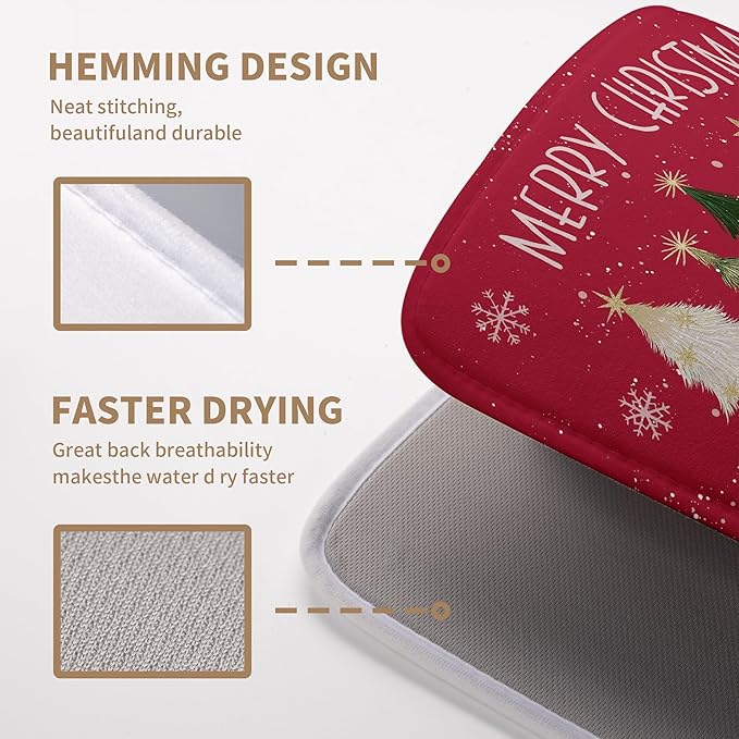 Wnoesat Merry Christmas Dish Drying Mat for Kitchen Counter 18x24 Inch Red Xmas Tree Snowflakes Drying Pad Winter Holiday Absorbent Microfiber Dish Draining Reversible Dish Drainer Rack Mat