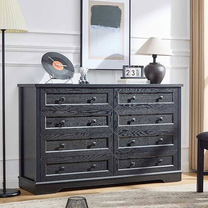 LIDYUK 8-Drawer Black Dresser for Bedroom Farmhouse Dresser Chest of Drawers, 55" Wide Clothes Organizer Wood Chest of Drawers for Bedroom, Living Room