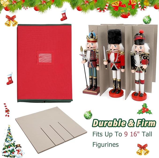 Christmas Nutcracker and Figurine Storage Box, Keeps 9 16" Tall Holiday Nutcrackers, Figurines, and More -Xmas Decor Collectible Organizer with Adjustable Dividers, 600D Oxford Fabric Tear-Proof