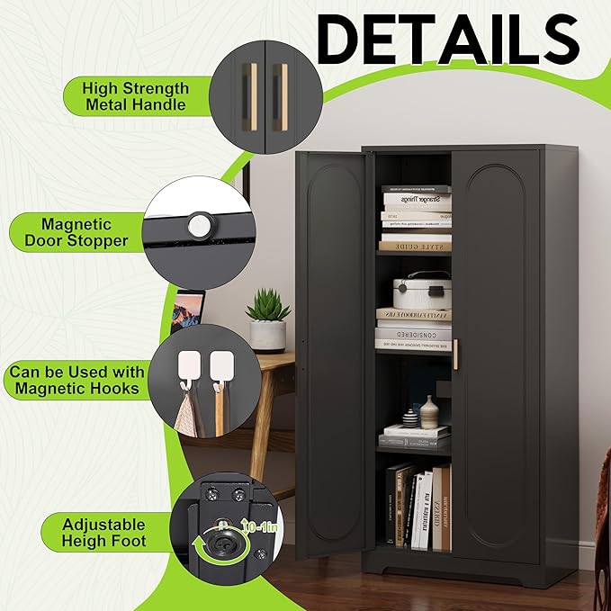 60" Kitchen Pantry Cabinet, Metal Storage Cabinet with Doors and Adjustable Shelves, Tall Steel Cabinets for Kitchen, Living Room, Dining Room, Assembly Required, Black
