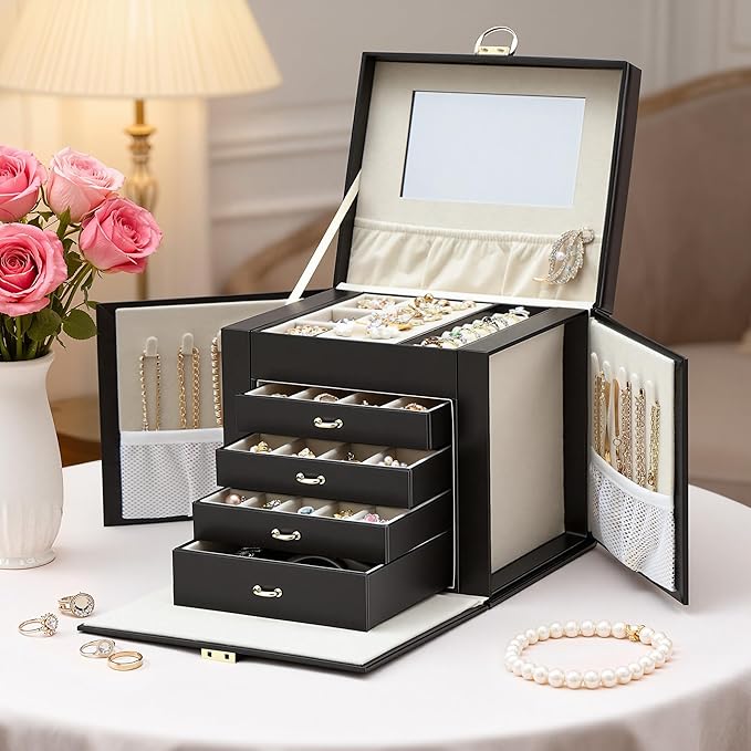 EnHomee Jewelry Box for Women, 5-Layer Large Jewelry Organizer with Mirror & 4 Drawers for Rings, Earrings, Necklaces, Bracelet Lockable Case with Lock (Black + Gold)