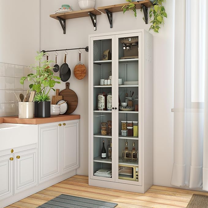 Kitchen Pantry Cabinet, 72" H Storage Cabinet with Glass Doors and Adjustable Shelves, Metal Bathroom Cabinets, Freestanding Cupboard for Kitchen, Living Room, Assembly Required, White