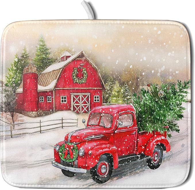 Red Truck Dish Drying Mat Xmas Tree Dish Drainer Rack Mat Winter Microfiber Absorbent Drying Pad for Home Kitchen Counter Decor 16x18 Inch