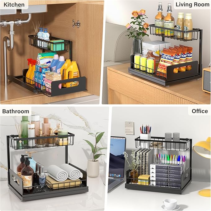 MERATIA Under Sink Organizer, 2 Tier Pull Out Cabinet Organizer,Slide out Metal Cabinet Organizers Multi-Purpose Drawer Shelf for Kitchen Bathroom Pantry Cabinet Closet Organization Rack,Black