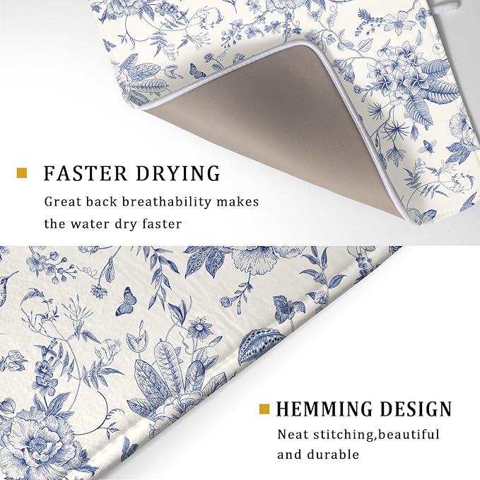 Giwawa Chinoiserie Flower Dish Drying Mat Blue Leaves Dishes Drying Pad Reusable Washable Kitchen Countertop Protector Dish Drainer Mat 18x24 Inch