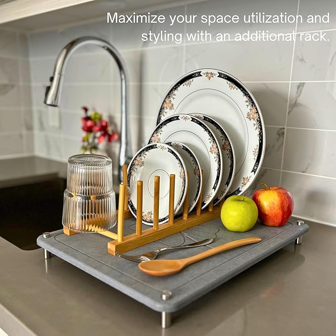 GRUZAM 2 Pcs Stone Dish Drying Mat, 2 Tier Dish Drying Stone for Kitchen Counter with Absorbent Dish Drying Mat, Stone Dish Drying Rack, Flexible Stone drying rack (Slate, 15.6" x 11.7" x 6.7")
