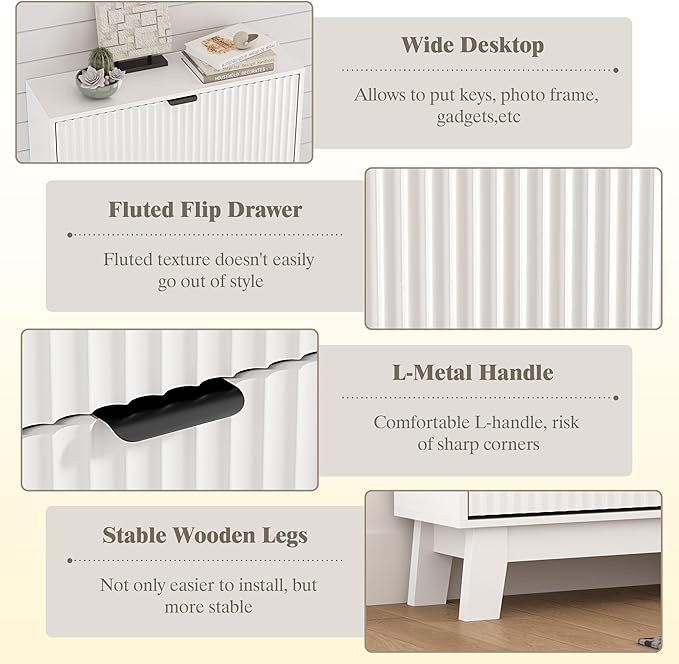 Shoe Cabinet Storage for Entryway with 2 Flip Drawers, Fluted Narrow Shoe Organizer with Wooden Legs, Freestanding Slim Shoe Storage Hidden Shoe Rack Organizer for Front Door Entrance, White