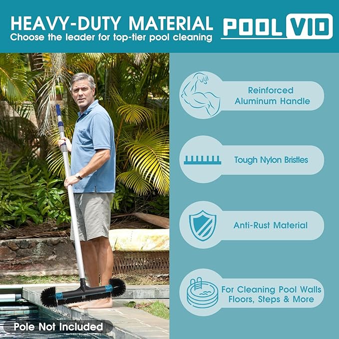 Poolvio 20" 2 in 1 Pool Brush Head for Swimming Pool, Heavy Duty Scrub Brush with EZ Clip & Wavy Nylon Bristles for Cleaning Pool Walls, Floors, Steps (Pole not Included)
