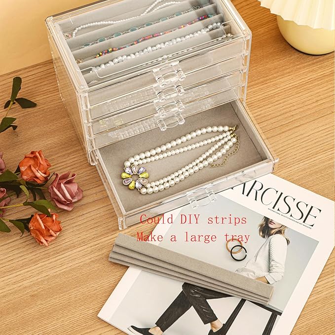 5 Drawerss Necklace Organizer Box, Tray with Clear Lid, Dustproof Velvet Necklaces Holder Storage Display Case, Gery Necklace Tray Drawer Insert for Pendant Suitable for Women and Girls (25 grids)