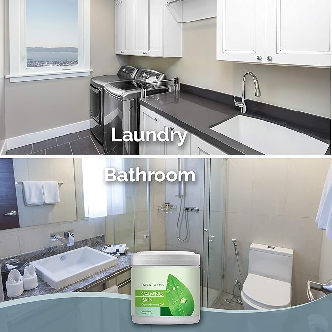 SMELLS BEGONE 15oz Gel Odor Eliminator - Absorb & Remove Tough Odors in Pet Areas, Bathrooms, Basements, Garage, Cars, RVs & Boats - Eliminate Odors Quickly (2-Pack, Calming Rain)