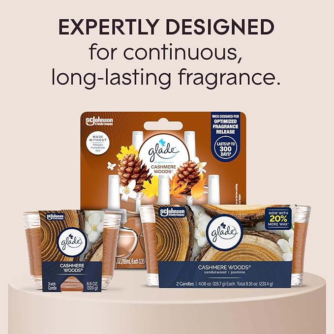 Glade Cashmere Woods, Fragrance Candle Infused with Essential Oils, Air Freshener, 3-Wick Candle, 6.8 Oz, 3 Count