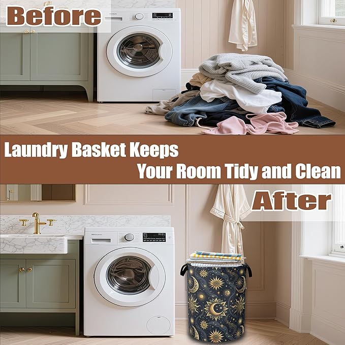 Celestial Golden Sun Moon Laundry Hamper,Laundry Baskets,Waterproof Oxford Cloth Toy Storage for Bedroom,Bathroom,Nursery,16x20.8 Inch