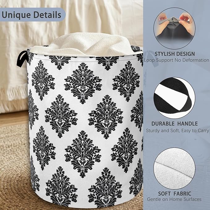 Vintage Damask Floral Laundry Basket,Oxford Cloth Laundry Hamper with Handle Foldable Portable Clothes Storage Basket for Bathroom Bedroom Dorm Room 16" x 20.8"