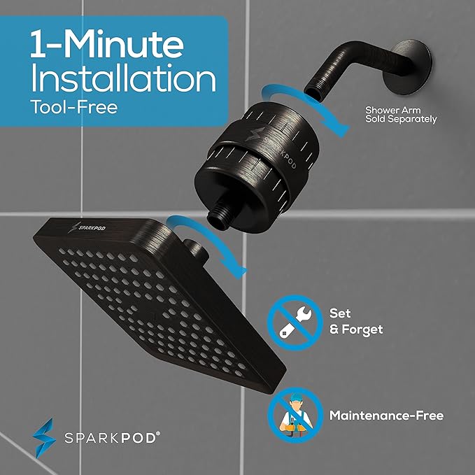 SparkPod Luxury Filtered Shower Head Set 23 Stage Shower Filter - Reduces Chlorine and Heavy Metals - High Pressure Showerhead Filter (6" Square, Vintage Oil-Rubbed Bronze)