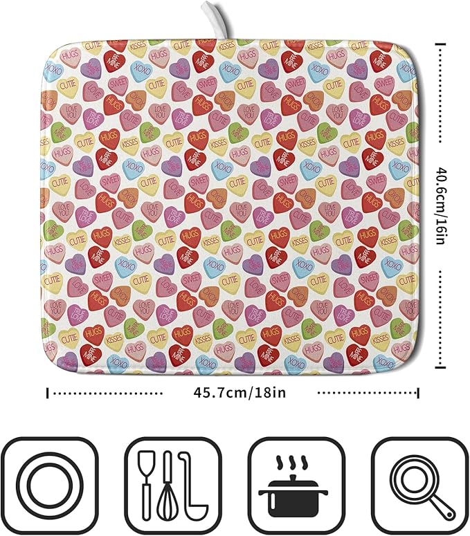 Valentine’s Day Dish Drying Mat for Kitchen Counter 18x16 Inch Colorful Love Drying Mat with Absorbent Reversible Microfiber Holiday Dish Drainer Mats Rack Pad for Coffee Countertop Protector