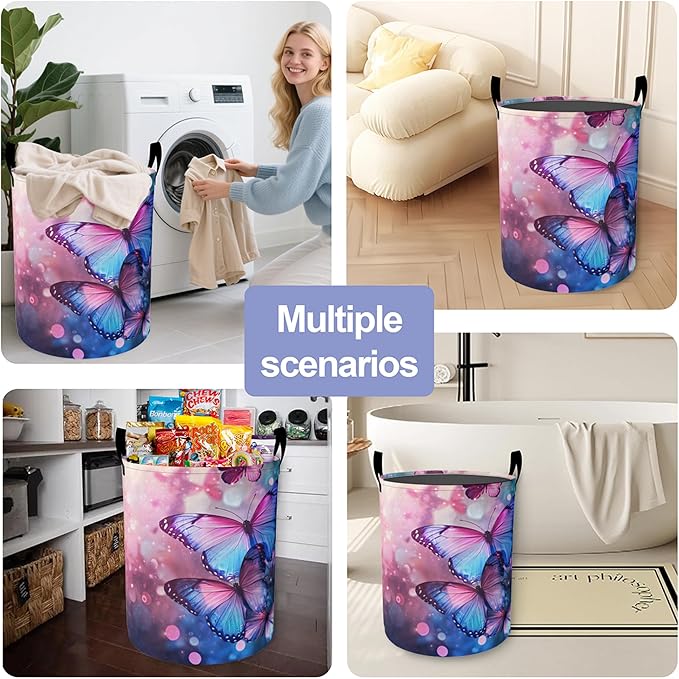 Purple Lavender Laundry Basket, Butterfly Oxford Cloth Laundry Hamper With Handle Foldable Portable Clothes Storage Basket Storage Bag For Laundry Room/Bathroom/Bedroom/Dormitories