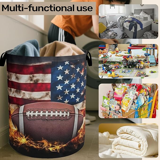 Football Large Clothes Hamper Bag - Laundry Basket with Handles, Space Saving Foldable Design for Nursery