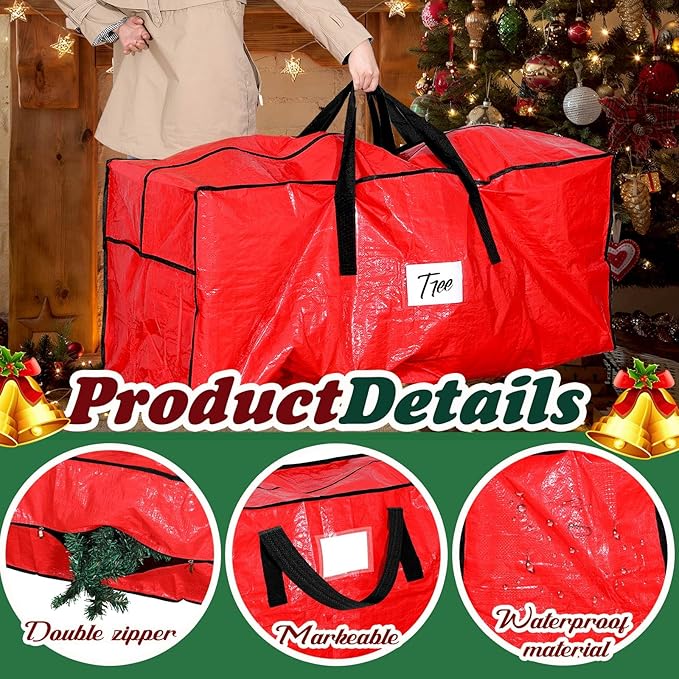 Amylove 4 Pcs Large Christmas Tree Storage Bags Heavy Duty Xmas Zippered Bags Bulk Waterproof Plastic Christmas Tree Container with Carry Handles(9 ft,Red)