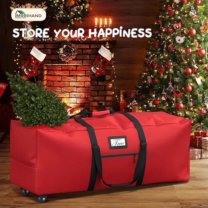 Mrrihand Christmas Tree Storage Bag, Large Artificial Anti-Tear Heavy-Duty 600D Oxford Cloth Xmax Christmas Tree Storage Box with Rolling Wheels, Christmas Tree Storage Container (Red, 7.5Ft)