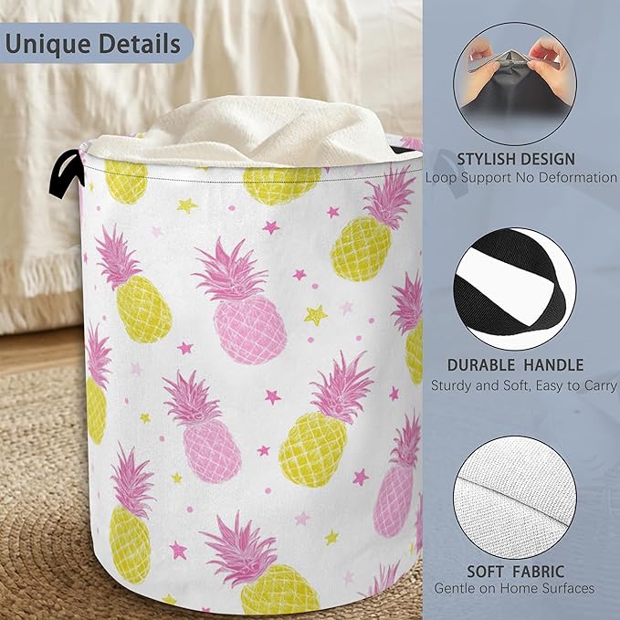 Pineapple Tropical Laundry Hamper,Dirty Clothes Laundry Basket with Handles Waterproof Oxford Cloth Storage Basket for College Dorms Bathroom Bedroom 16" x 20.8"