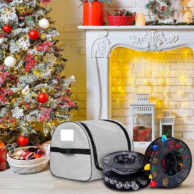 Christmas Light Storage Bag - Tear Proof 600D Oxford Fabric/Internal PVC Material with Reinforced Handles - With 4 Reels Stores up to 500 Ft Holiday Mini Christmas Tree Lights & Extension Cords,Gray