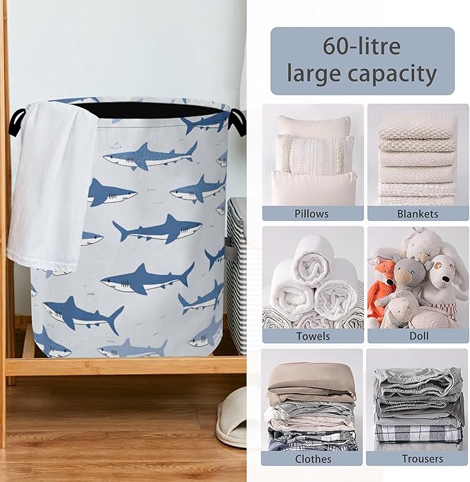 Cute Shark Laundry Basket,Foldable Oxford Cloth Tote Bag Laundry Hamper Clothes Storage Bucket Organizer for Bedroom Laundry Storage Dormitories 16" x 20.8"