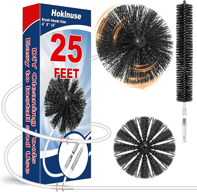 HOKLNUSE Dryer Vent Cleaner Kit Ducts Cleaning Kit for Dryer Air Duct HVAC Vent Fireplace Chimney Pellet Stove Gutter Downspout Dryer Vent Lint Removers with 1.5" 4" 6" Brush Heads (25 Feet)