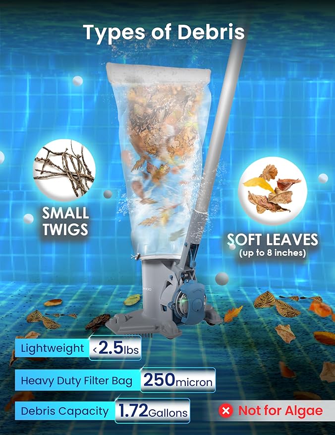 KOKIDO Rechargeable Medium Duty Pool Leaf Vacuum Cleaner with Pole, Runs 75-Mins, for Pool Closing, Oversized Debris Filter, for Debris and Leaves < 6 inches, for Inground and Above Ground Pools XV410