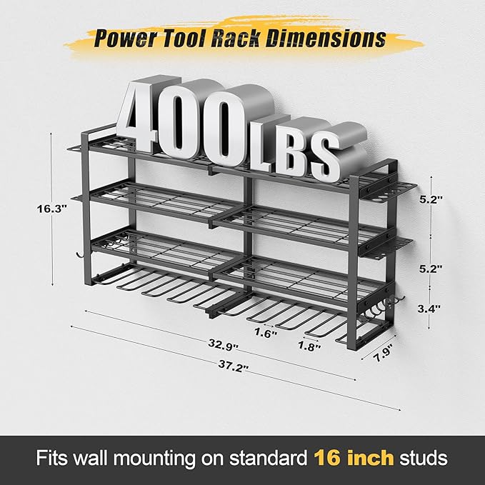 Power Tool Organizer Wall Mount, 4-Tier Tool Storage Rack with 8 Drill Holders, 400LBS Load Heavy Duty Cordless Tool Shelf for Garage Organization, Gift for Men