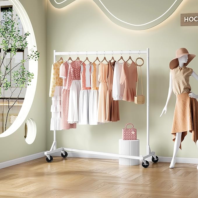 Hoctieon Z Rack Set of 2, Rolling Clothing Racks with Z-Base, Heavy Duty Garment Racks Set of 2, Clothes Rack on Wheels with Brakes, Clothes Organizer Rack Set of 2, White