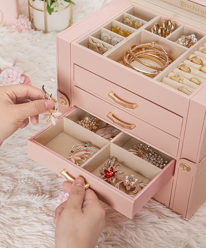 Jewelry Box with 4 Drawers : Display Organizer for Earrings Necklaces - Christmas Gifts for Girls Women (Peach Pink)