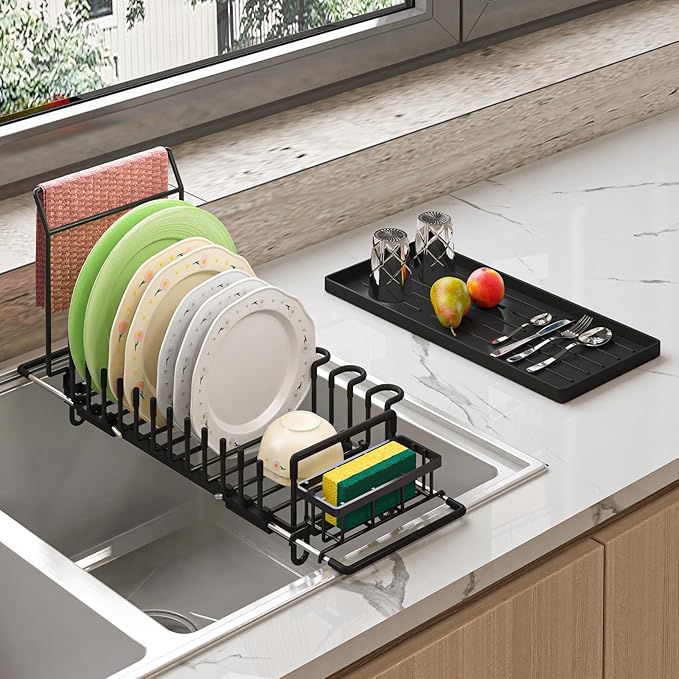 KOSIWU in Sink Dish Drying Rack with Silicone Mat, Expandable Dishes Racks for Kitchen Sink, with Towel Bar, Black