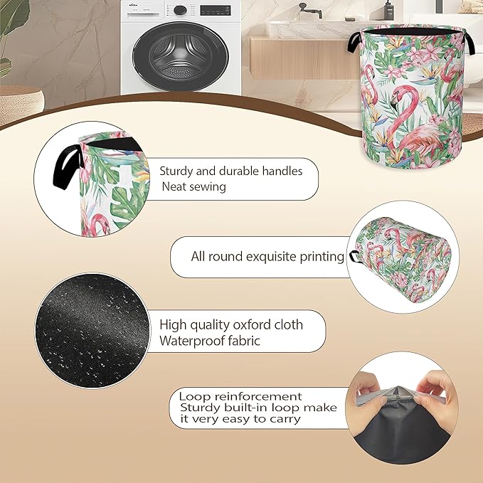 Watercolor Flamingo Laundry Hamper,Tropical Flower Leaves Clothes Hamper for Laundry,Waterproof Oxford Toy Storage Collapsible Hampers for Bedroom, Dorm Room,Bathroom,16x20 Inch