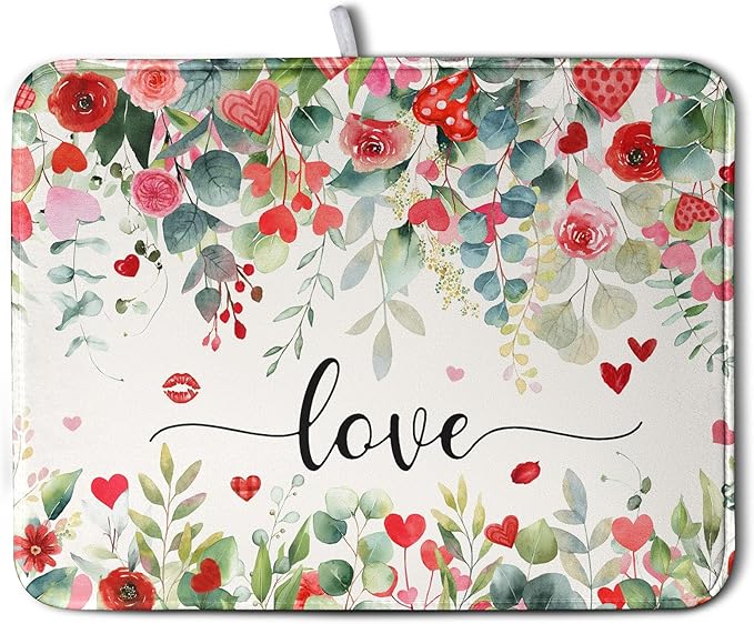Wnoesat Valentines Day Love Heart Rose Eucalyptus Leaves Dish Drying Mat for Kitchen Counter 18x24 Inch Spring Valentine Microfiber Absorbent Dish Drainer Mats Reversible Drying Pad