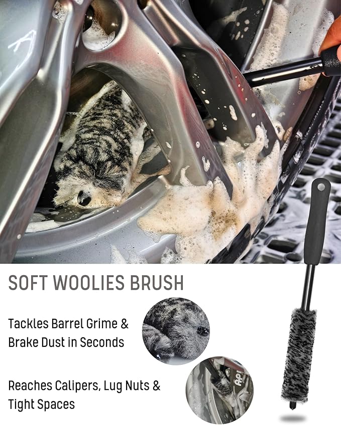 oesee 8PCS Pro Wheel Cleaning Kit - Woolies Brushes, Detailing Brush, Tire Brush, Wash Mitt, Drying Towel & Carry on Bag - Scratch-Free Rim Cleaning Kit
