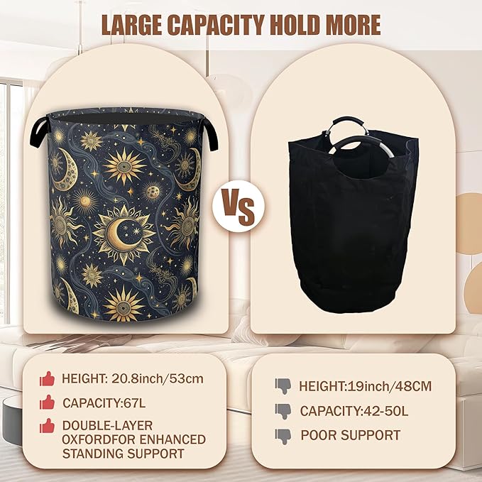 Celestial Golden Sun Moon Laundry Hamper,Laundry Baskets,Waterproof Oxford Cloth Toy Storage for Bedroom,Bathroom,Nursery,16x20.8 Inch