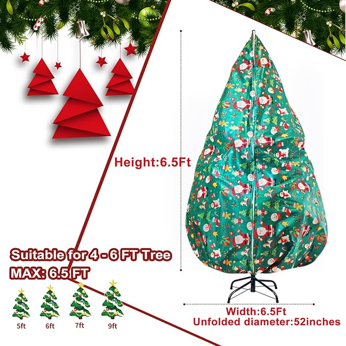 Upright Christmas Tree Storage Bag,Fits Up to 6.5 ft Tall Artificial Tree,Large Holiday Xmas Tree Cover Upright Tree Dustproof Bag with Zipper & Drawstring 6ft(W)*6.6ft(H) *52in(Dia)(Green)