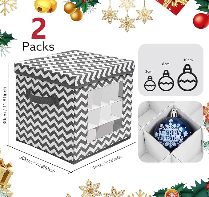 2 Pack Ornament Storage Box Set, Xmas Ornament Boxes for Storage, 166pcs Compartment for 3cm-10cm Christmas Balls, Christmas Decoration Organizer with Carry Handle & Transparent Window, 30x30x30cm