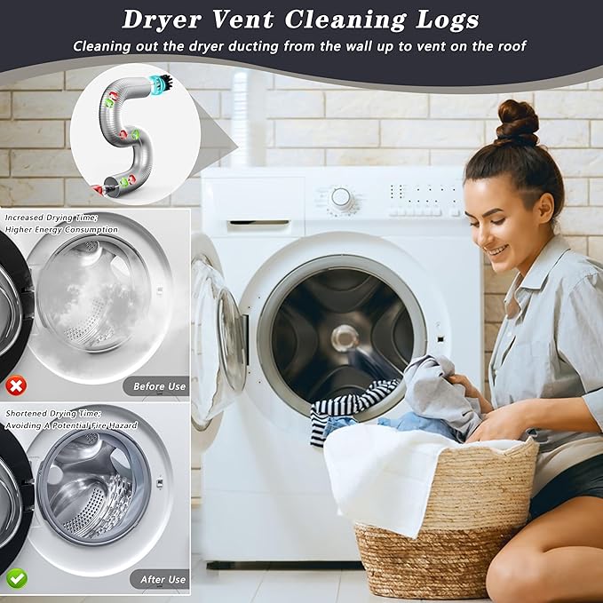 Chimney Sweep Kit Chimney Brush Kit Chimney Cleaning Kit, 16FT Dryer Vent Cleaner Kit Duct Cleaning Tools, Dryer Vent Cleaning Kit Fireplace Chimney Brushes-12pcs Flexible Rods, 2pcs 6in Chimney Brush