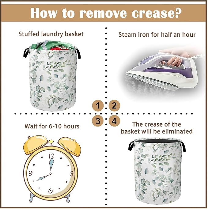 Green Eucalyptus Collapsible Laundry Baskets,Leaves Branches Laundry Hamper,Storage Basket with Handles for Bathroom Bedroom College Dormitory Living Room Nursery Organizer 16"x20"