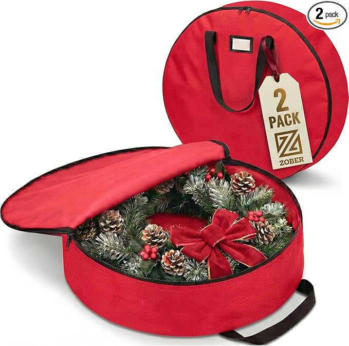 ZOBER 2 Pack Oxford Christmas Wreath Storage Container 30 Inch - Wreath Bag for Artificial Wreaths Box - Waterproof Fabric, Dual Zippered Wreaths Storage Bag With Strong Durable Handles - Red