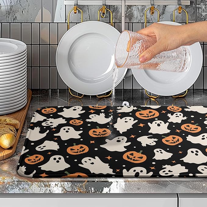 Wnoesat Halloween Dish Drying Mat for Kitchen Counter Pumpkin Spooky Ghosts Fall Dish Mat Absorbent Microfiber Reversible Dish Draining Mat Extra Large Dishes Pad 18 X 24 Inch