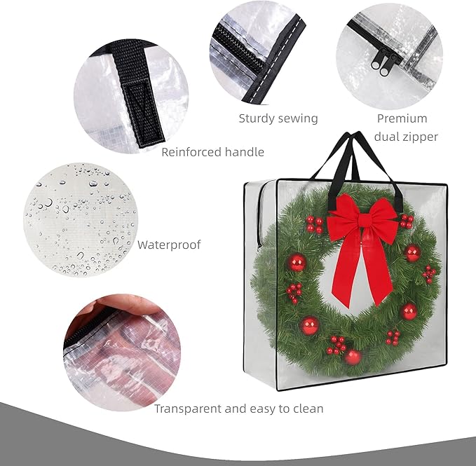 5 Pack Clear Wreath Storage Bag – 26 Inch Square Holiday Garland Organizer with Zipper and Handles – Multi-Purpose Clear Tote for Christmas Decor, Bedding, Clothes, College Moving Supplies