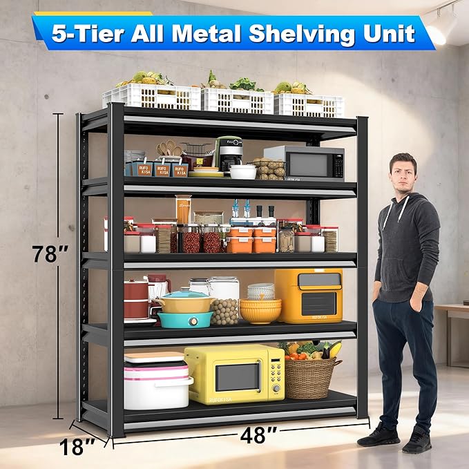 Rufokisa Garage Shelving Heavy Duty，Large Loads Adjustable Garage Storage Shelves, Metal Storage Racks and Shelving Units, Utility Rack Shelves,47.2”W x 18”D x 78”H, Black