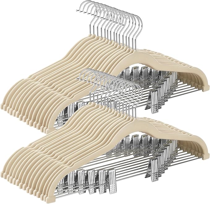 SONGMICS 30 Pack Pants Hangers, 16.7 Inches Long Velvet Trousers Hangers with Adjustable Clips, Heavy-Duty, Non-Slip, Space-Saving for Pants, Skirts, Coats, Dresses, Tank Tops, Sandy Beige UCRF012M30